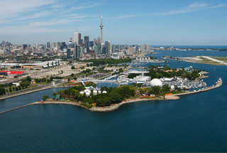 The skyline of Toronto, Ontario, Canada from Lake Ontario, showing the CN Tower and other large city buildings
